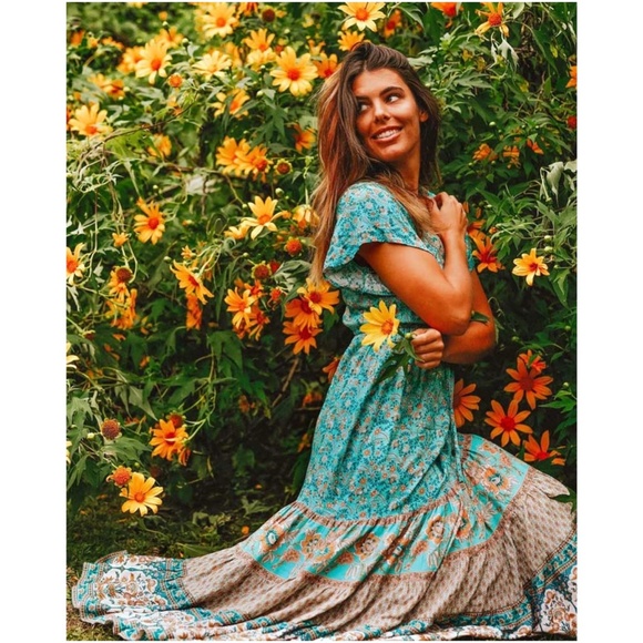 boho floral print v neck button ruffle miDI dress - Picture 6 of 14